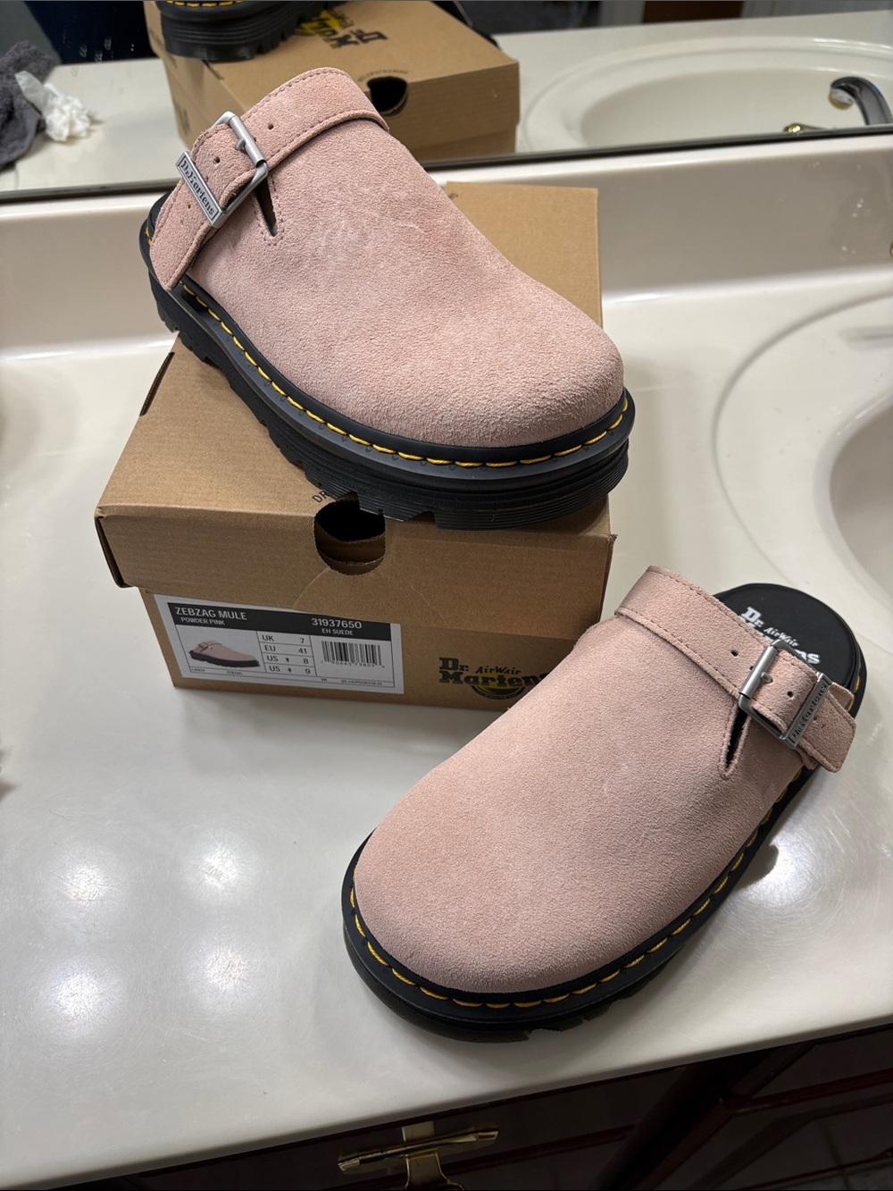 Dr. Martens Pink Suede Zara Mule Clog with Buckle